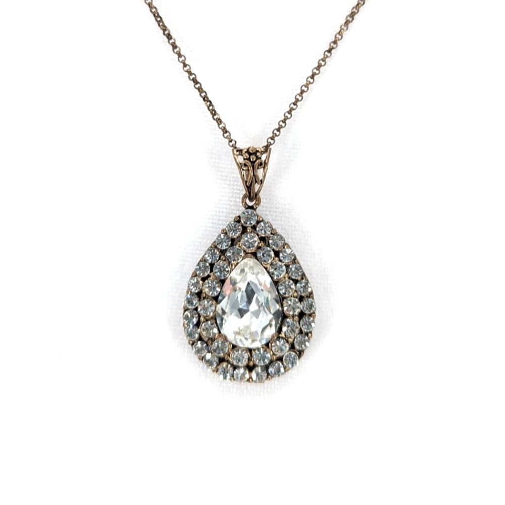 TUR Signed Vintage Teardrop Bronze Crystal Rhinestone Pendant Glam Necklace